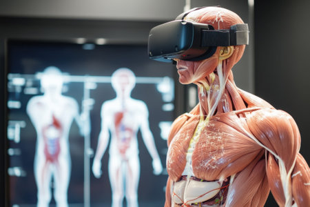 A virtual reality display highlights human anatomy, demonstrating advanced learning techniques in a modern lab.の写真素材