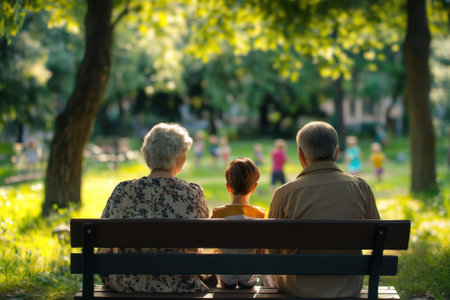 A young child sits between their grandparents on a bench, all enjoying a peaceful day in a sunlit park.の写真素材