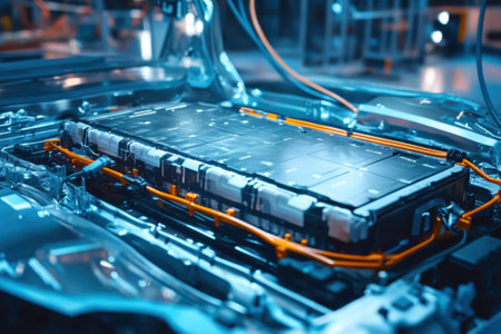 A battery pack is being installed in an electric vehicle during the assembly process at a factory.の写真素材