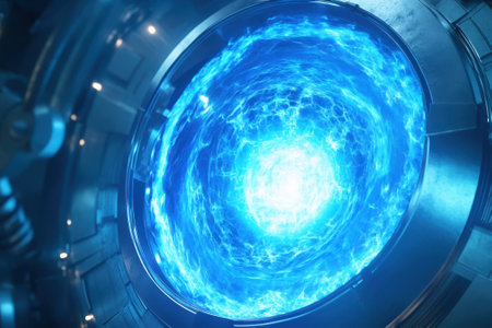 Glowing blue energy swirls within a circular portal, set in a sleek futuristic facility.の写真素材