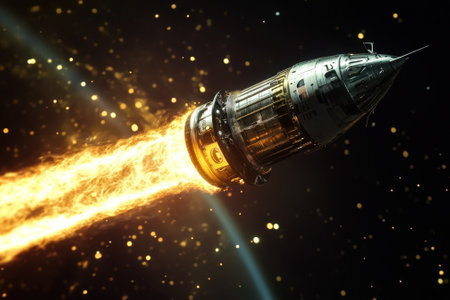 A metallic rocket launches into space, emitting fiery exhaust against a dark, starry background.の写真素材