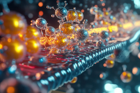 Colorful molecular formations shimmer in a dynamic environment, showing intricate interactions among particles.の写真素材