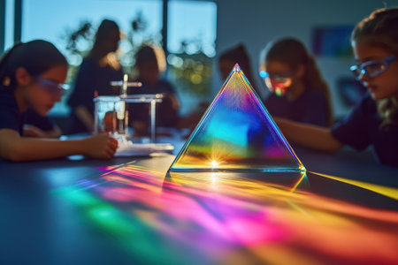 Kids explore light refraction with a prism in a hands-on science activity, all while wearing safety goggles.の素材