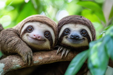 Two adorable sloths relax on a tree branch, nestled among vibrant leaves in a tropical environment.の写真素材