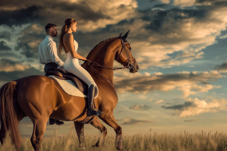 A couple enjoys a serene ride on a horse during sunset, surrounded by golden fields and dramatic clouds.の写真素材