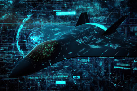 A futuristic stealth aircraft hovers against a backdrop of digital data and advanced technology displays.の写真素材