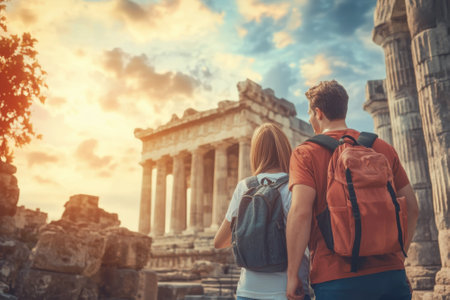 Two travelers admire the Parthenon while enjoying a beautiful sunset at ancient ruins in Greece.の写真素材