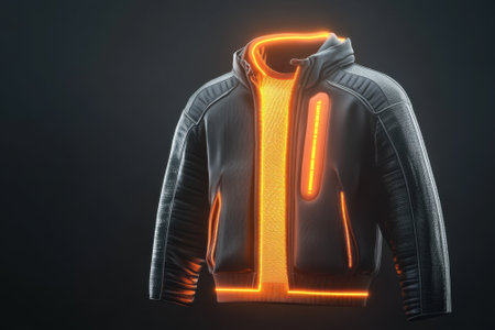 A stylish black jacket features vibrant orange lighting, showcasing its modern design and technology.の写真素材