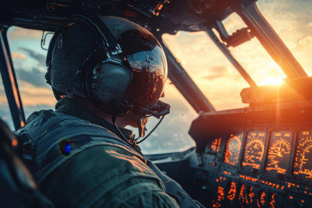 A pilot controls an aircraft, observing sunset while flying through the sky with vibrant colors.の写真素材
