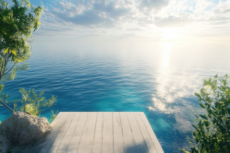 A wooden deck juts out over tranquil ocean waters, reflecting light under a bright sky at sunset.の写真素材