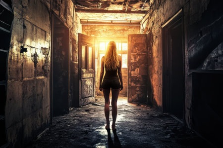 A woman gazes into the distance from a dark, dilapidated hallway as sunlight illuminates the entrance.の写真素材