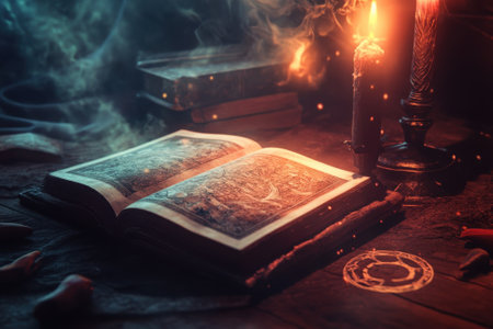 An open book with intricate illustrations rests on a wooden table, lit by candlelight.の写真素材