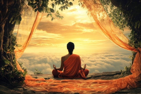 A monk in orange robes sits peacefully, meditating on a mountain ledge while the sun rises above the clouds.の写真素材