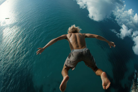 A young man with blonde hair leaps from a cliff into the deep blue ocean, embracing the thrill of diving.の写真素材