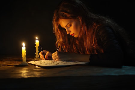 A woman focuses on her writing at a dark wooden table illuminated by soft candlelight.の写真素材