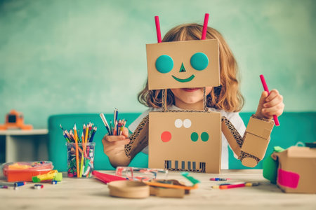 A child joyfully constructs a playful robot from cardboard and art supplies at a crafting table.の写真素材