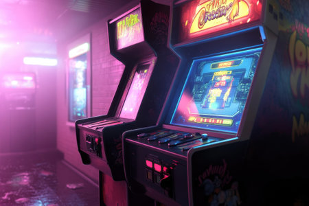 Colorful arcade machines illuminate a dark corridor filled with nostalgic vibes and vibrant lights.の写真素材