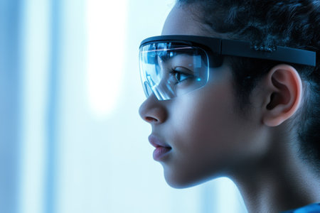A girl with dark hair focuses on a digital display while wearing modern smart glasses, indoors with soft lighting.の写真素材