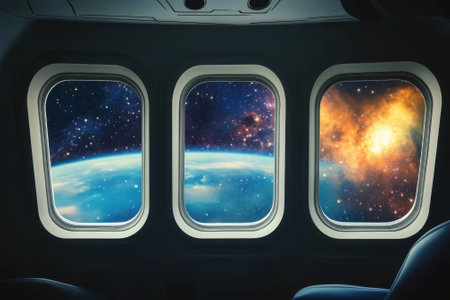 A breathtaking view shows Earth and distant galaxies from the windows of a spacecraft, revealing the beauty of space.の写真素材