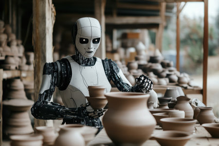 A robot skillfully shapes clay pots at a pottery workshop, surrounded by various ceramic creations.の写真素材