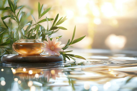 Serene setting features aromatic oil in a small jar surrounded by leaves and a delicate flower on the water's surface.の写真素材