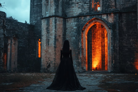A figure in a long black dress stands in front of illuminated ancient ruins at twilight, creating an eerie atmosphere.の写真素材