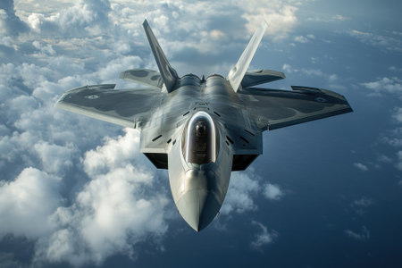 A military jet flies at a high altitude above clouds, showing its impressive design and capabilities.の写真素材