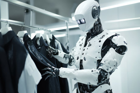 A humanoid robot is picking out clothes from a rack in a stylish retail environment filled with light.の写真素材