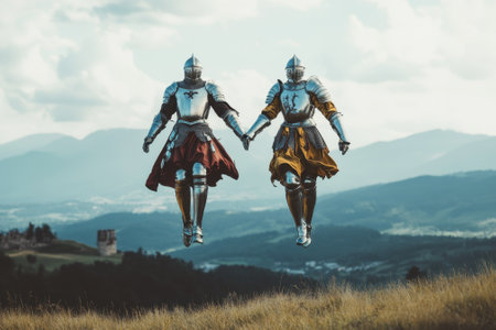 Two armored knights hold hands while jumping over a grassy hill with mountains in the background.の写真素材