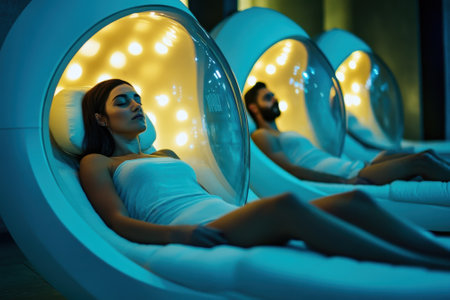 Individuals enjoy a tranquil experience in unique relaxation pods surrounded by soft lighting and comfort.の写真素材