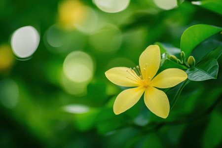 Delicate yellow flower stands out against lush green foliage, showing nature's beauty during daylight.の写真素材