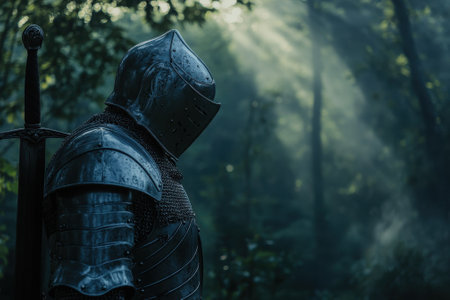 A knight in shining armor surveys the forest, with soft rays of light breaking through the trees.の写真素材
