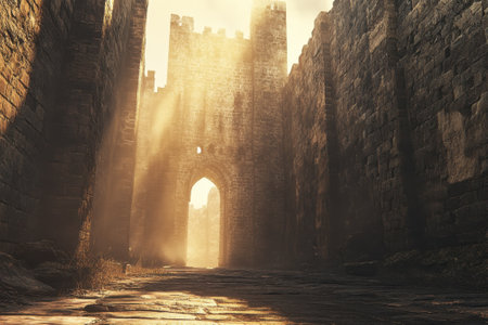 Soft sunlight filters through a grand castle entrance, illuminating a quiet stone path at dawn.の写真素材