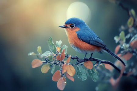 A vibrant bird with blue and orange feathers sits on a branch, surrounded by delicate leaves and dewdrops.の写真素材