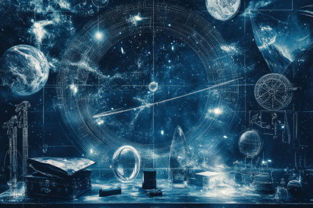 An intricate display of celestial bodies and ancient tools showcasing the wonders of the universe.の写真素材