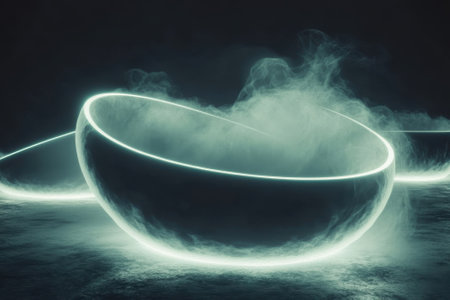 Glowing bowls emit soft light and steam in a dark, atmospheric space, creating a mystical ambience.の写真素材