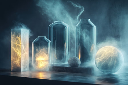 Glass jars and shapes filled with glowing light and mysterious mist create an intriguing atmosphere.の写真素材