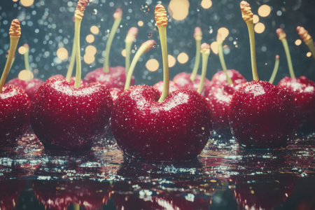 Glorious red cherries are damp with tiny water droplets, illuminated by soft, warm lights in the background.の写真素材