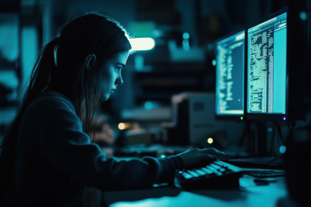 A person concentrates intently on coding, illuminated by computer screens in a dark environment.の写真素材