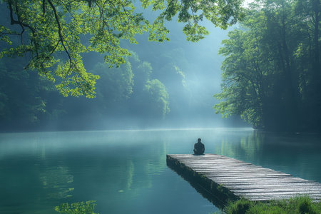 A solitary figure enjoys tranquility on a dock overlooking a serene, mist-covered lake at dawn.の写真素材