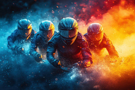 Four riders in dark gear speeding through vibrant smoke clouds under night lights.の写真素材