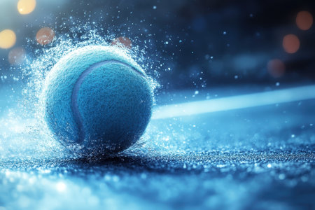 A tennis ball hits the ground, creating a splash of water under bright lights on a nighttime court.の写真素材