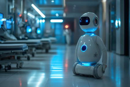 A small, round robot equipped with blue lights navigates a hospital hallway after dark.の写真素材