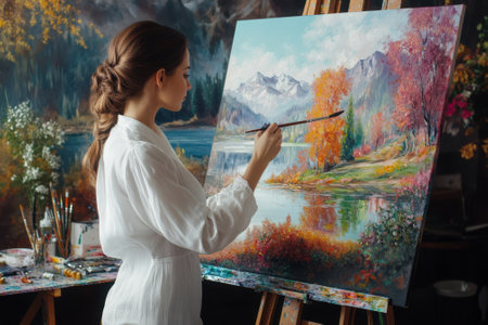 An artist captures the beauty of autumn foliage and mountains on canvas in a calm, colorful studio.の写真素材