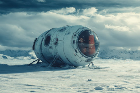A sleek, futuristic pod is partially buried in snow, with mountains in the background and dark clouds above.の写真素材