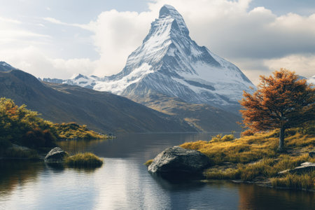 Snow-capped Matterhorn rises dramatically above a serene lake reflecting autumn colors and rocky terrain.の写真素材
