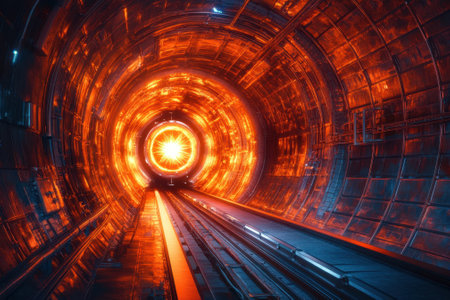An industrial tunnel radiates a bright orange glow, creating a mesmerizing atmosphere at night.の写真素材
