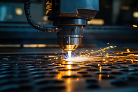 A laser cutting machine works on a metal sheet, creating bright sparks in a busy factory environment.の写真素材