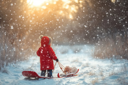 A child wearing a red coat is pulling a sled along a snowy path, enjoying the winter sunset and falling snow.の写真素材