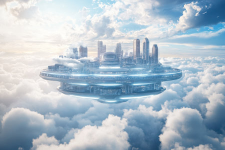 A large, advanced city floats on clouds under a blue sky with softly diffused sunlight illuminating it.の写真素材